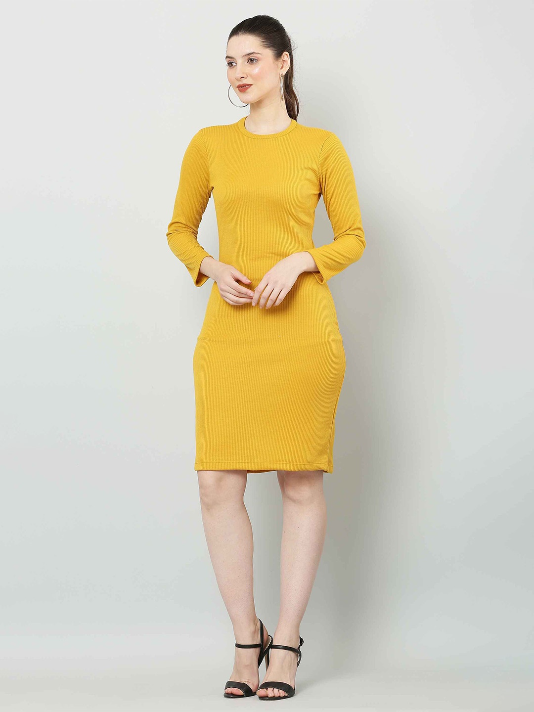 

SQew Women Solid Round Neck Bodycon Dress, Yellow