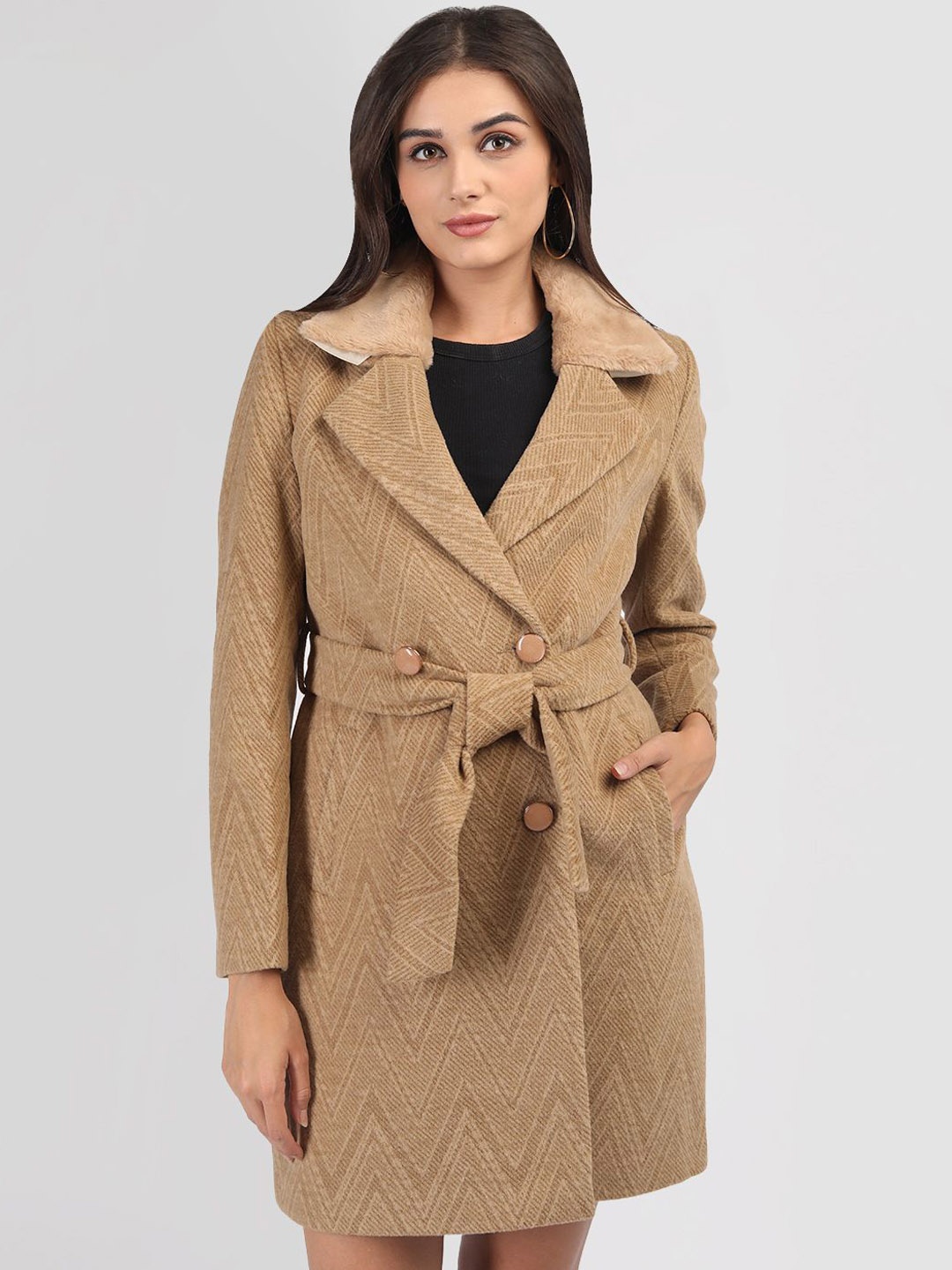 

PROTEX Women Winter Wear Double -Breasted Overcoat With Belt, Beige