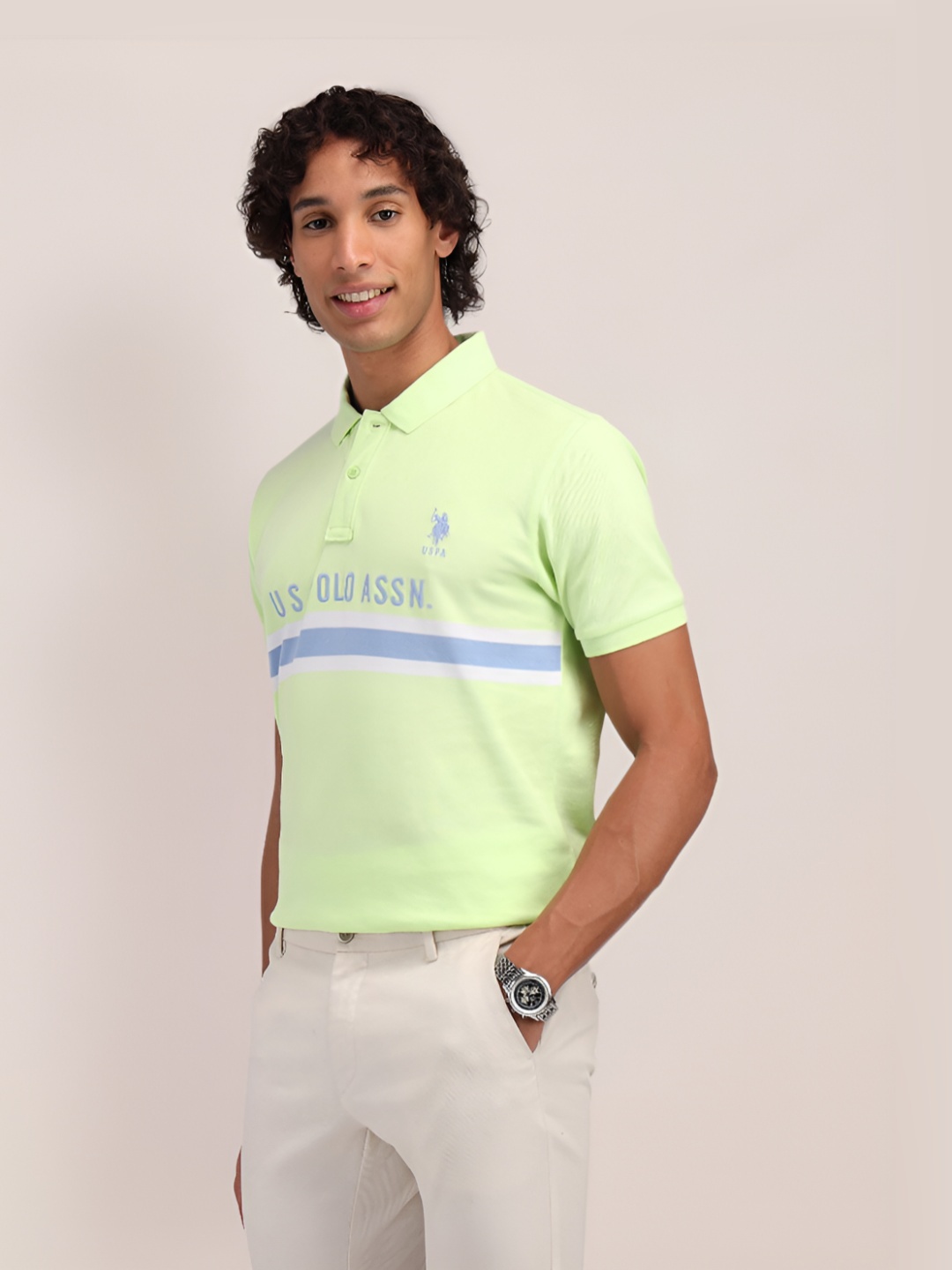 

U.S. Polo Assn. Men Brand Logo Printed Polo Collar Cotton Slim Fit T-shirt, Green