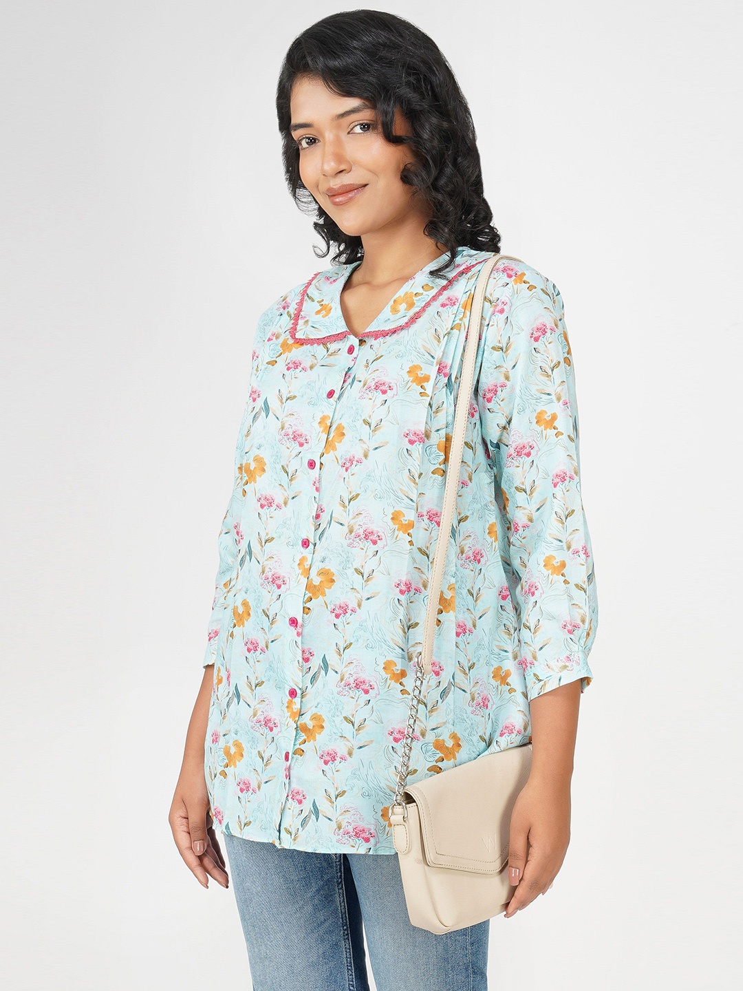 

Bindigasm Women Comfort Peter Pan Collar Floral Printed Cotton Casual Shirt, Blue