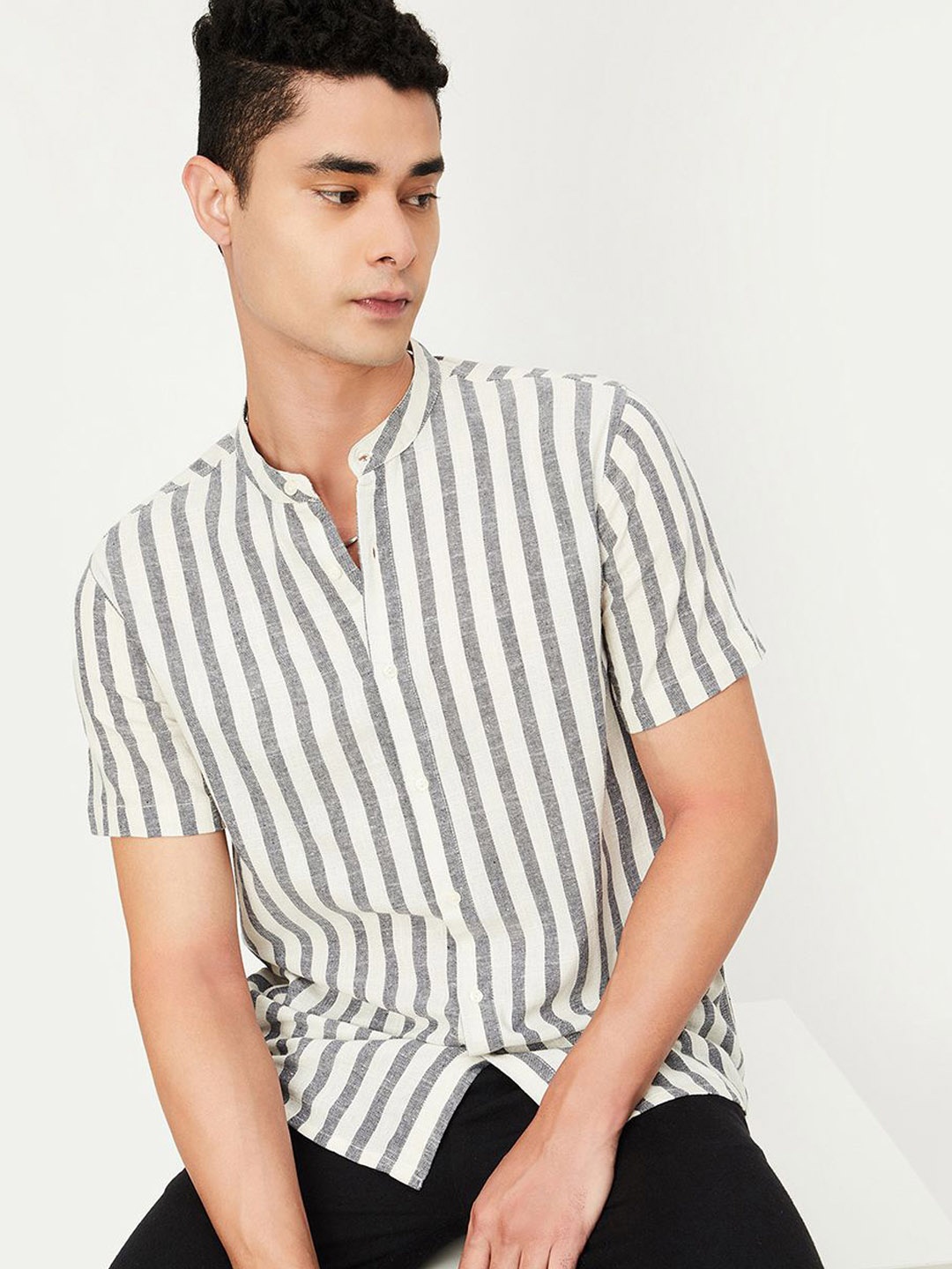 

max Striped Woven Design Band Collar Cotton Kurta, Cream