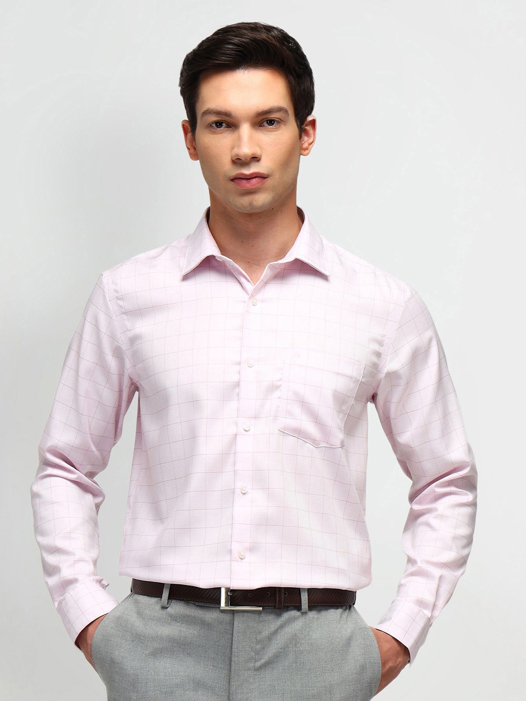 

Arrow Men Classic Spread Collar Windowpane Checked Cotton Casual Shirt, Pink