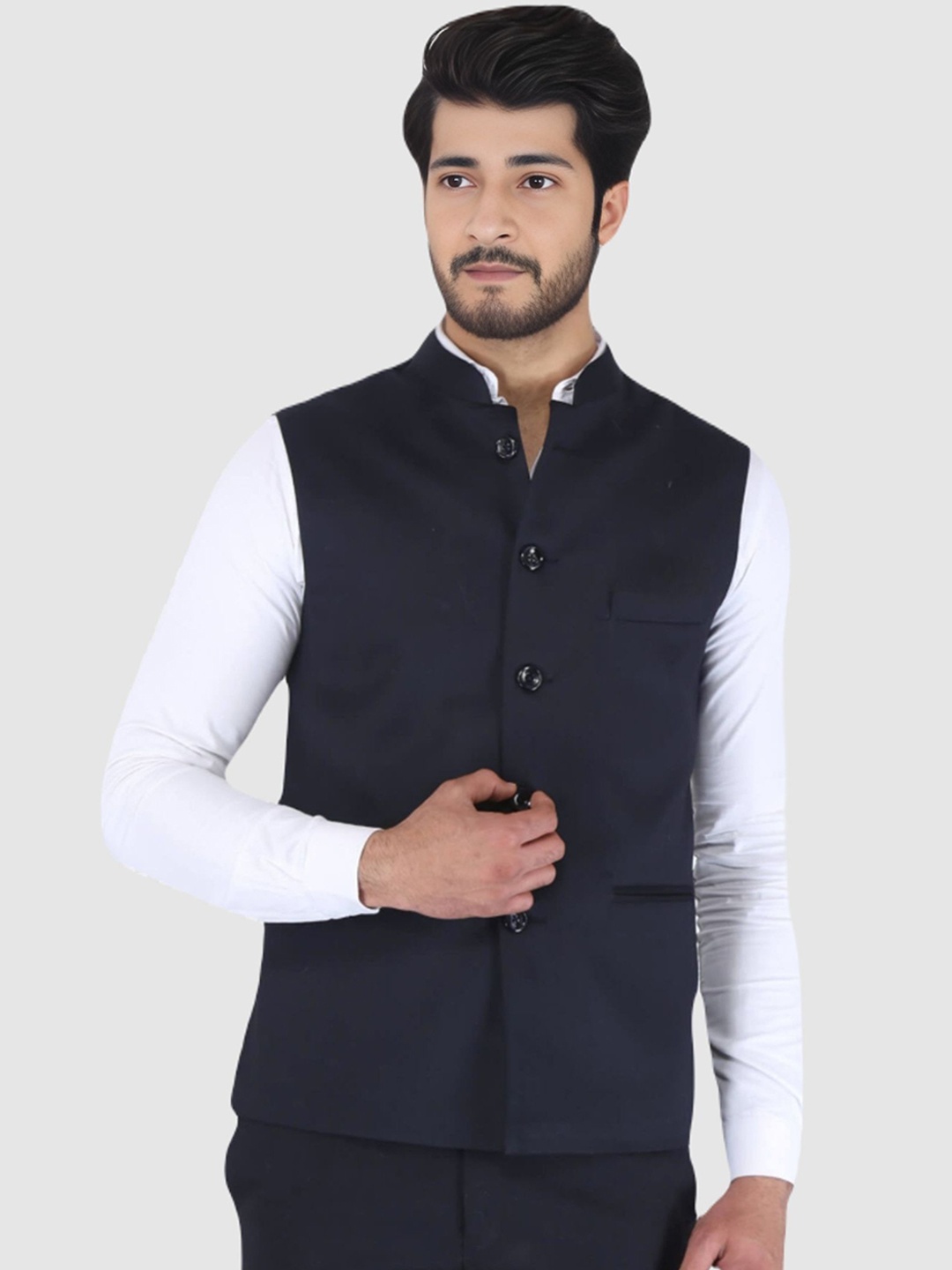 

BAESD Mandarin Collar Satin Nehru Jacket, Navy blue