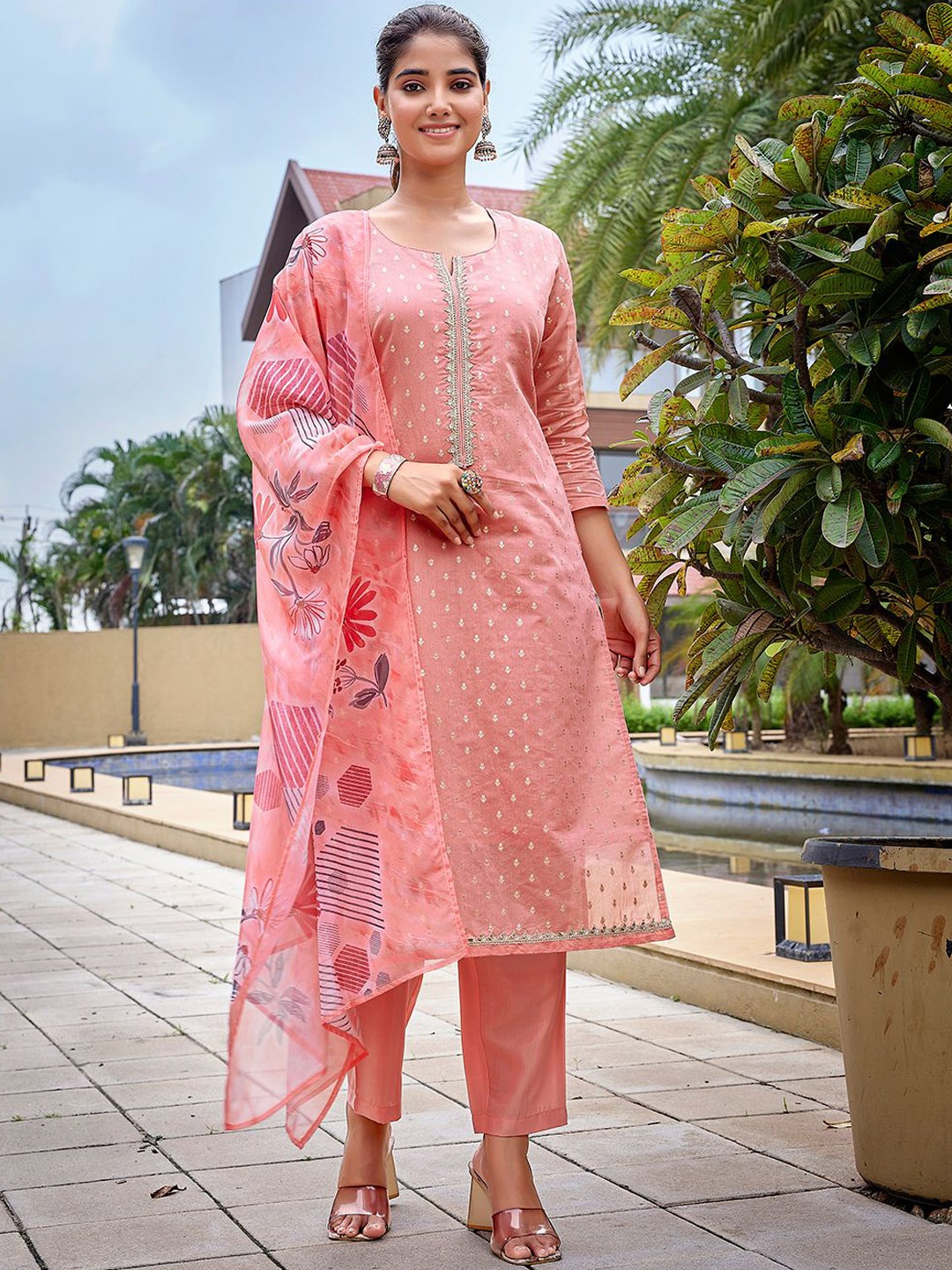 

Royal Export Ethnic Motifs Gotta Patti Straight Kurta with Trousers & With Dupatta, Peach