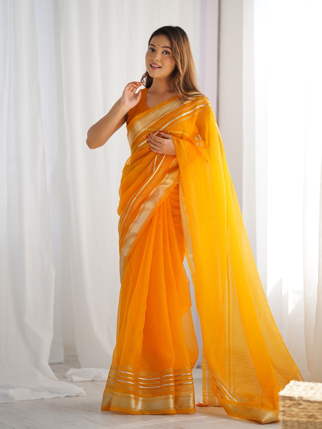 

KALINI Sequinned Embellished Organza Saree, Yellow