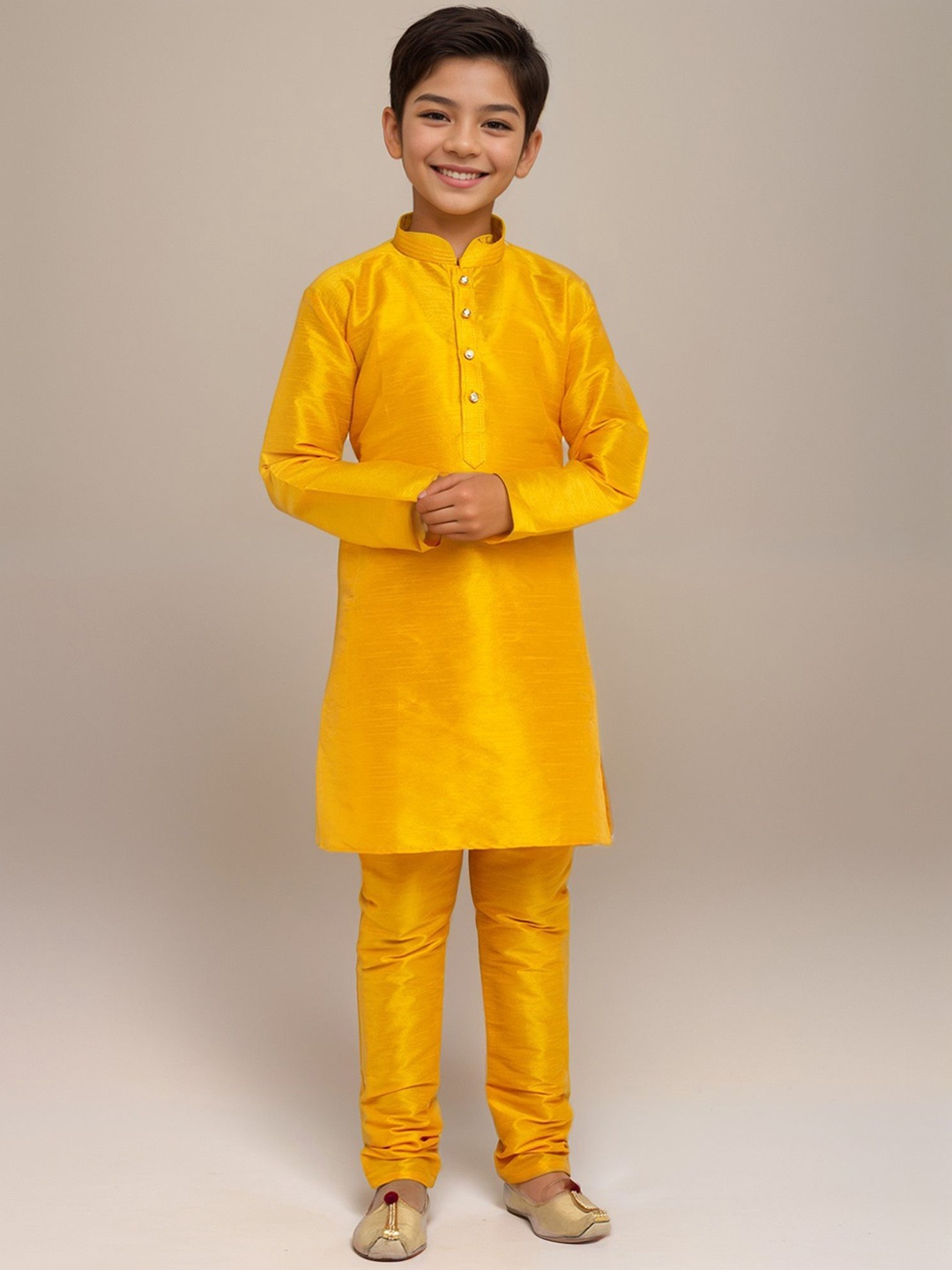 

DEVOILER Boys Woven Design Mandarin Collar Dupion Silk Straight Kurta, Yellow