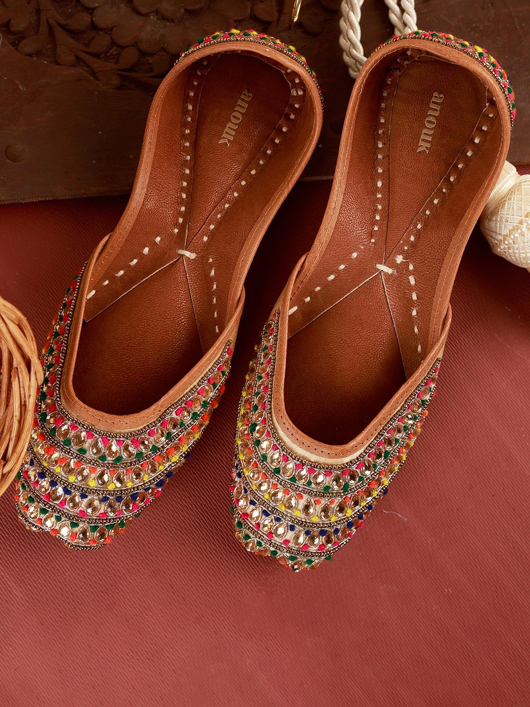 

Anouk Women Embellished Stone Work Ethnic Mojaris With Embroidered Flats, Tan