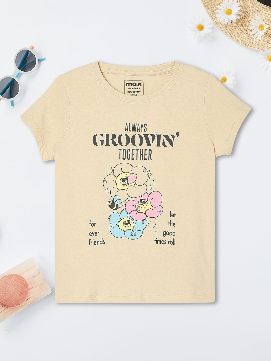 

max Girls Graphic Printed Round Neck Cotton T-shirt, Beige