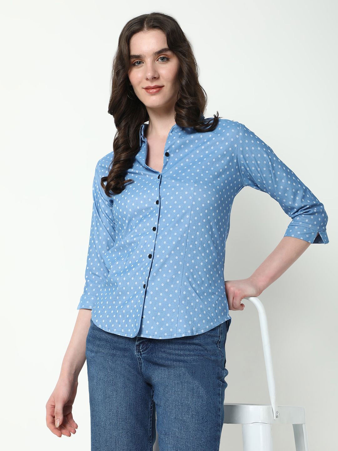 

SHOWOFF Women Comfort Spread Collar Polka Dots Printed Cotton Casual Shirt, Blue