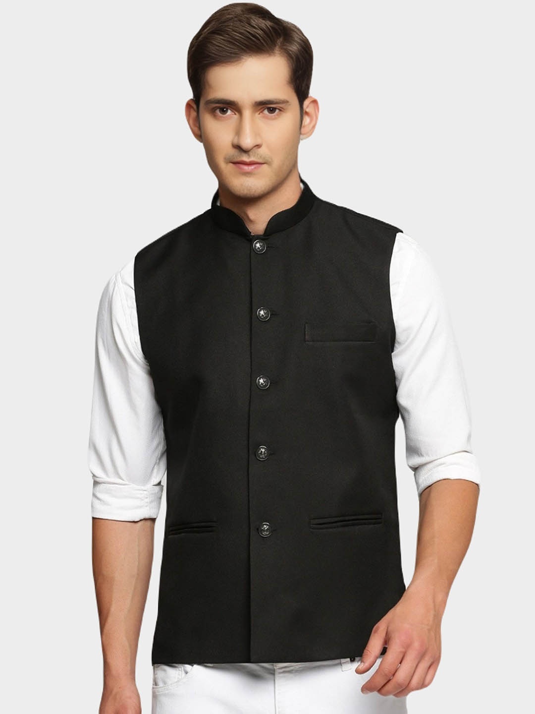 

BAESD Mandarin Collar Satin Nehru Jacket, Black