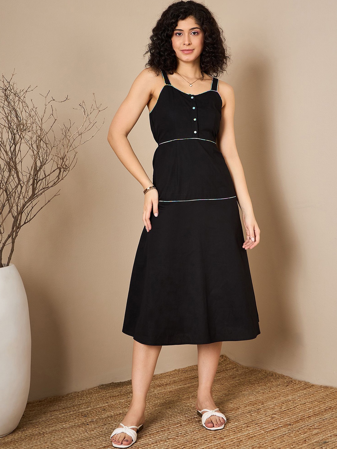 

Kibo Women Cotton Shoulder Straps A-Line Midi Dress, Black