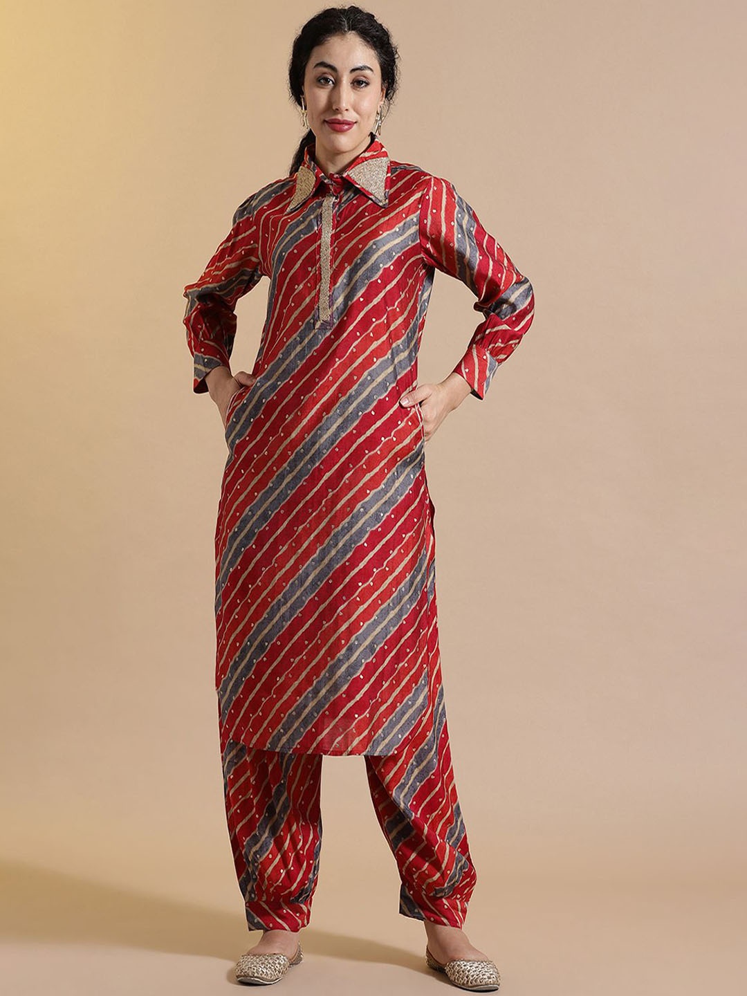 

Anouk Striped Embroidered Thread Work Kurta with Salwar, Red