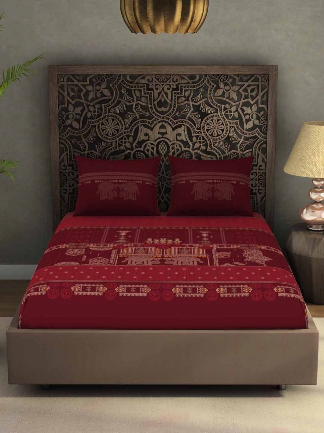 

SPACES Red Ethnic Motifs Pure Cotton 300 TC King Bedsheet Set 2.74 m x 2.74 m
