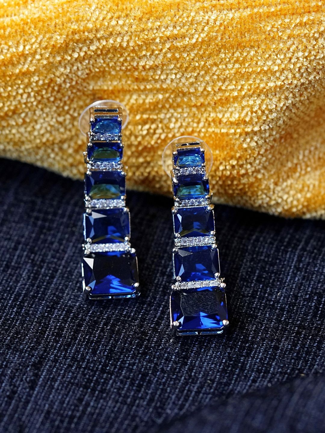 

Zoey Rhodium-Plated American Diamond Studded Contemporary Drop Earrings, Blue