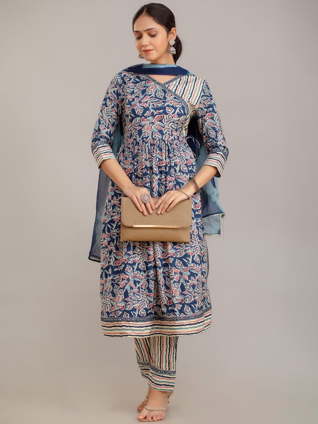

ANNU PARIDHAN Floral Printed Mirror Work Pure Cotton Anarkali Kurta With Trouser & Dupatta, Teal