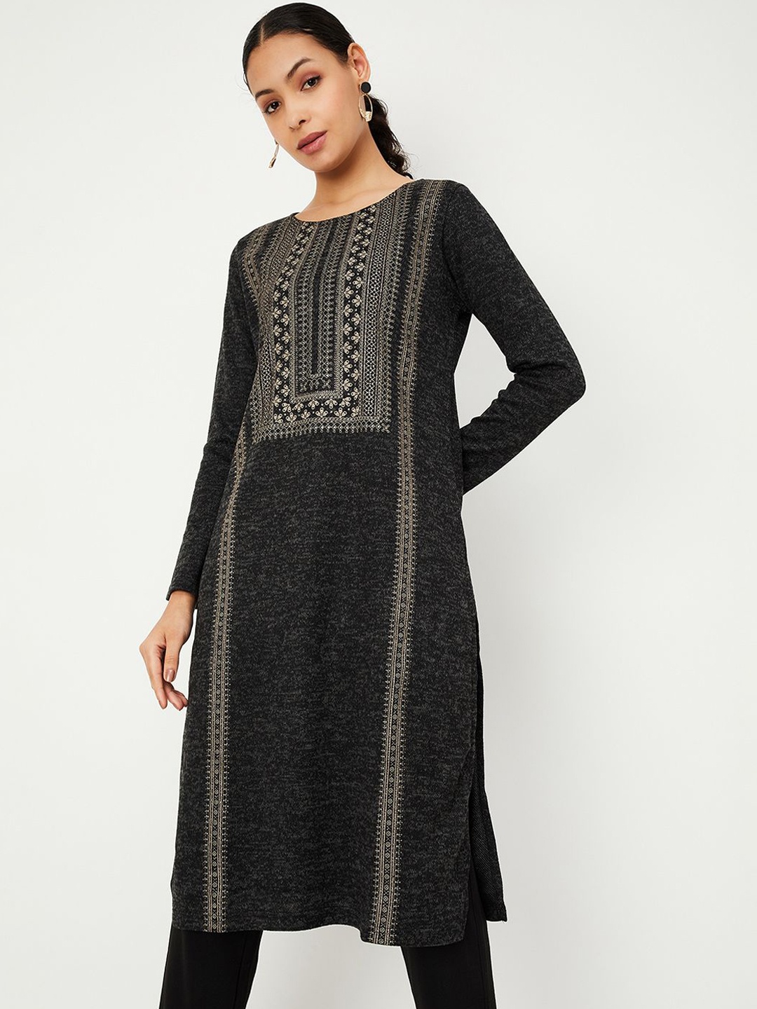 

max Tribal Yoke Design Acrylic A Line Kurta, Grey