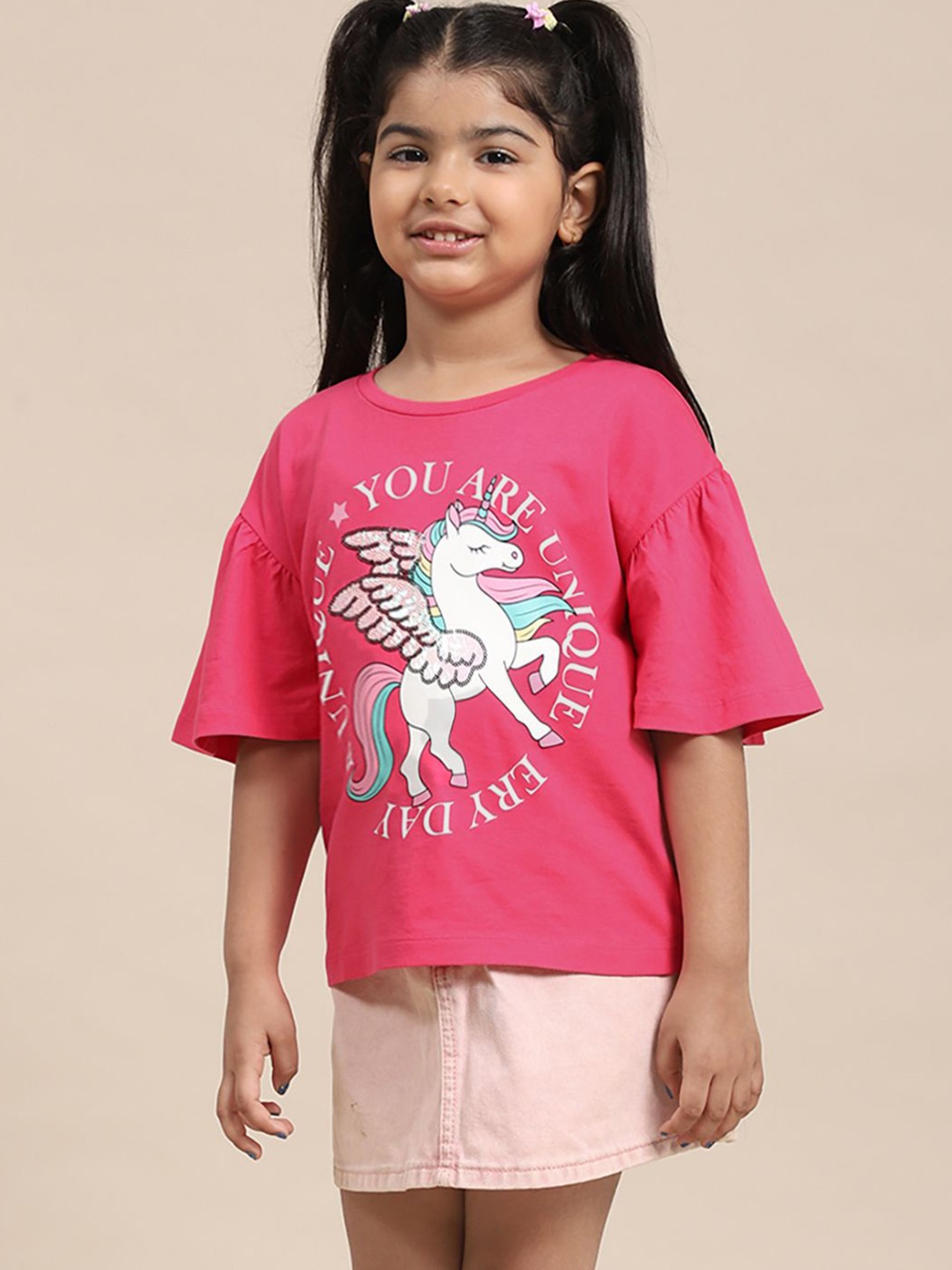 

Kids Ville Girls Graphic Printed Round Neck Cotton T-shirt, Pink
