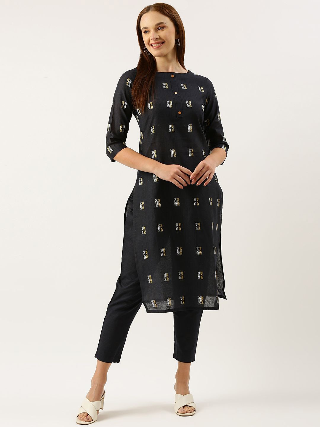 

KALINI Geometric Woven Design Jacquard Straight Kurta, Navy blue
