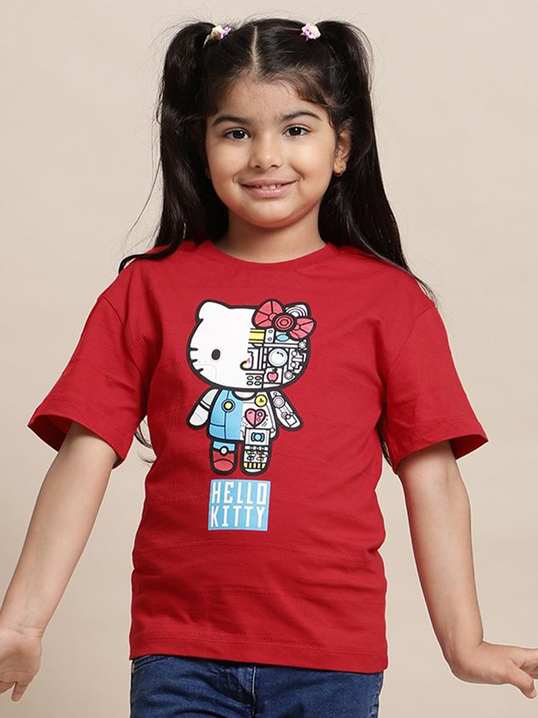 

Kids Ville Girls Hello Kitty Graphic Printed Round Neck Cotton Relaxed Fit T-shirt, Red