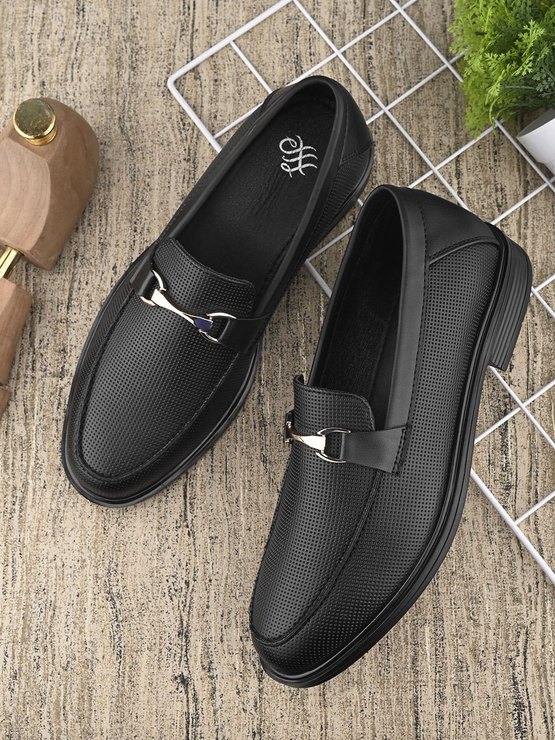 

House of Pataudi Men Textured Slip-On Formal Loafers, Black