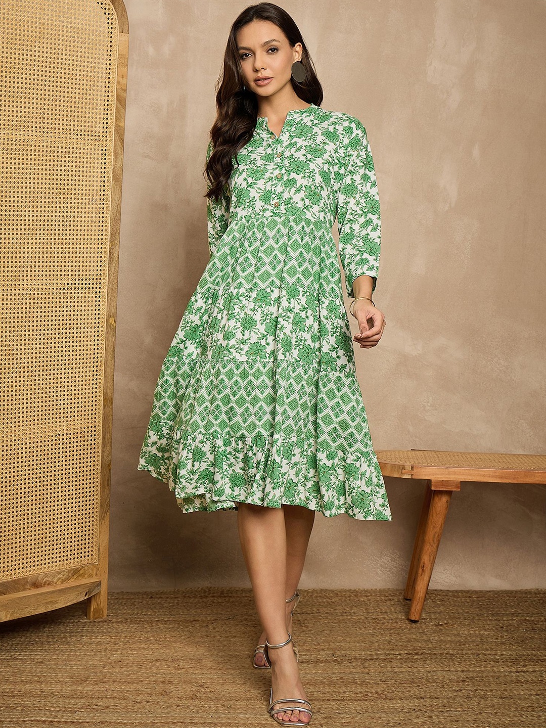 

TANISHA Women Floral Printed Mandarin Collar Fit & Flare Dress, Green
