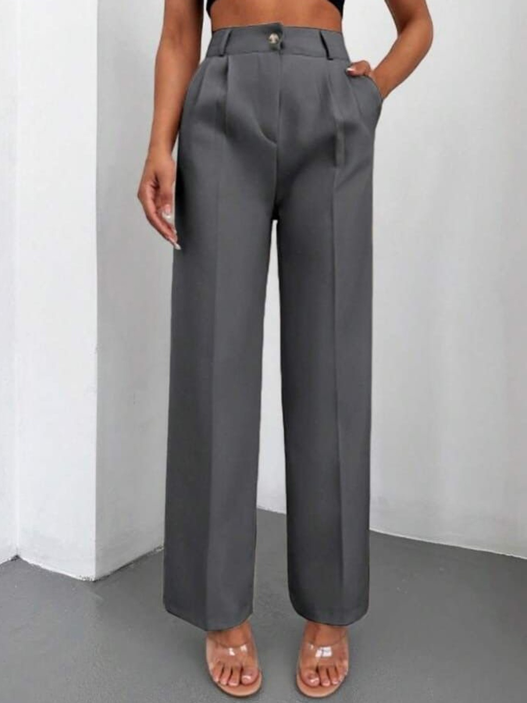 

Next One Women High-Rise Pleated Korean Trousers, Grey