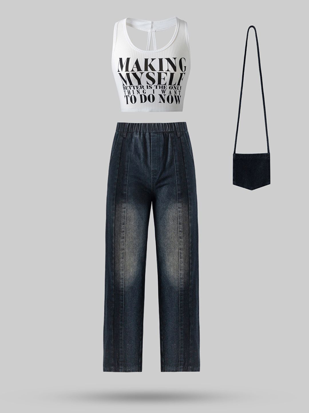 

INCLUD Girls Printed Top with Trousers and Bag, White