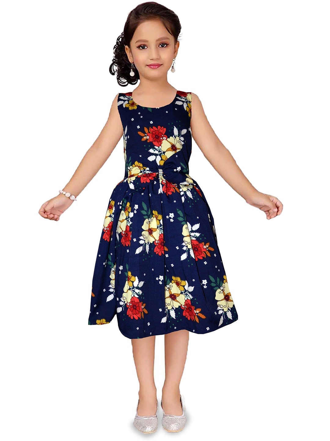 

Wish little Girls Floral Printed Fit and Flare Dress, Navy blue