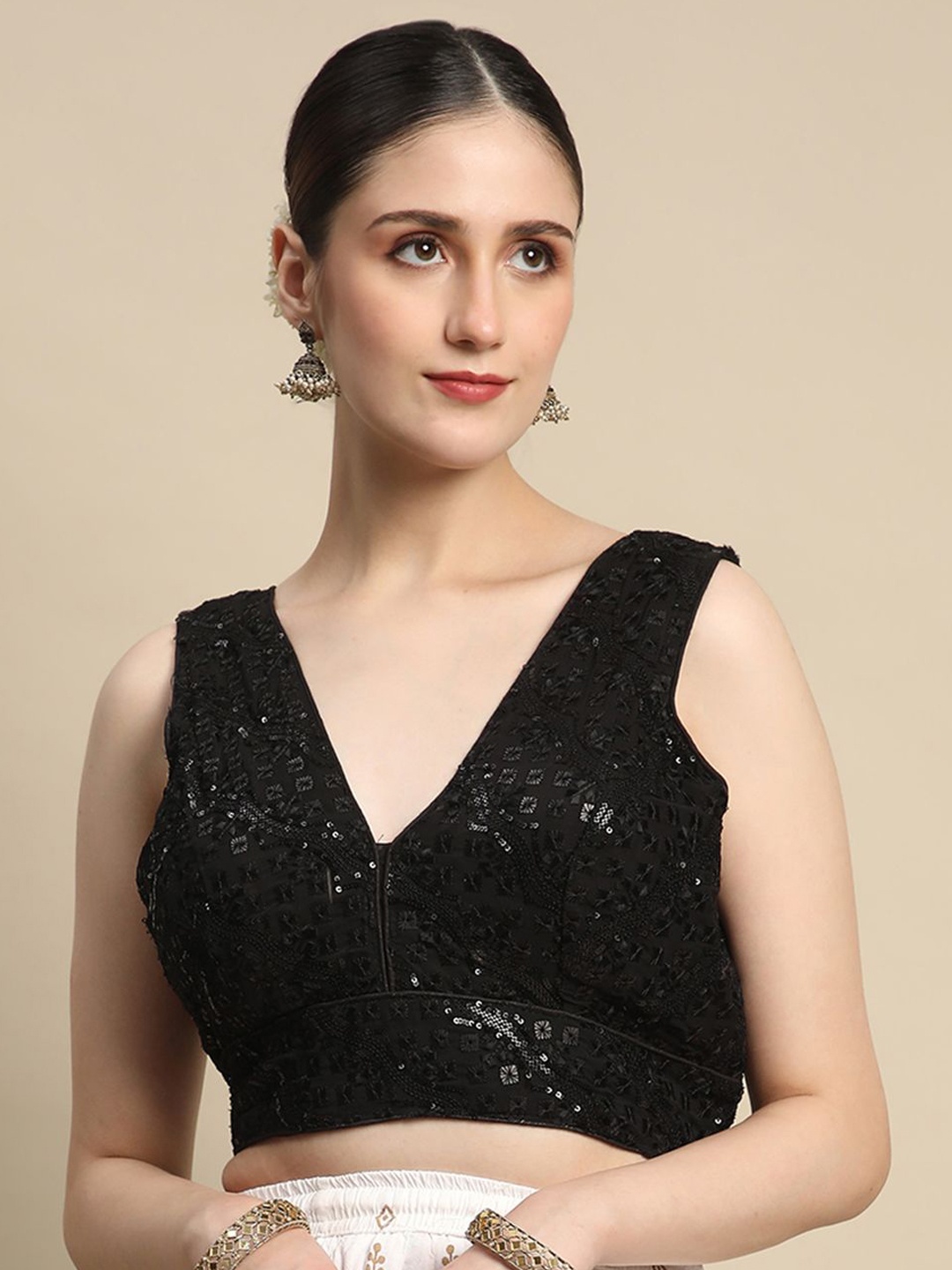 

BAPS Women Embroidered V-neck Saree Blouse, Black