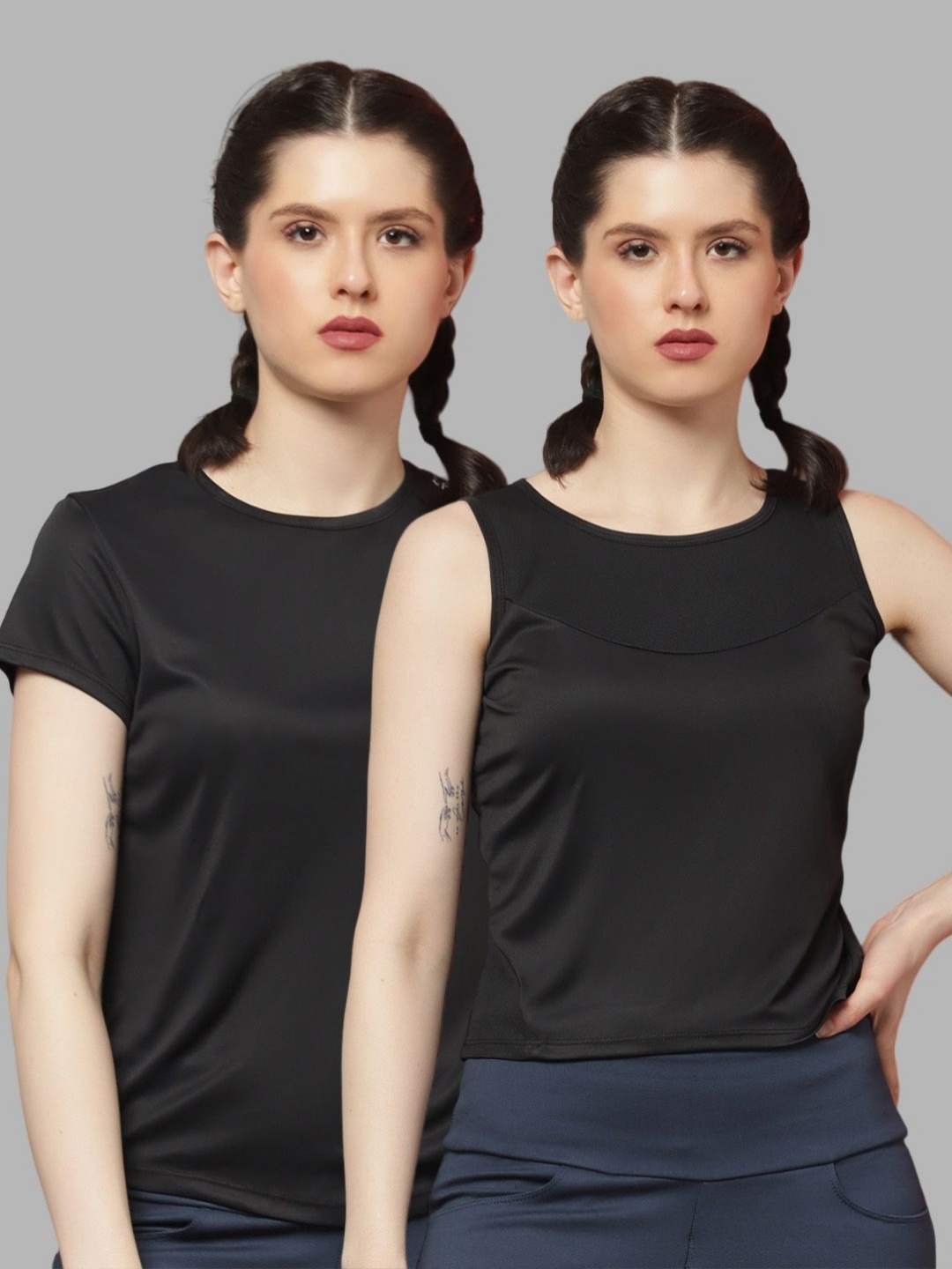 

Friskers Women Pack Of 2 Solid Round Neck T-shirts, Black