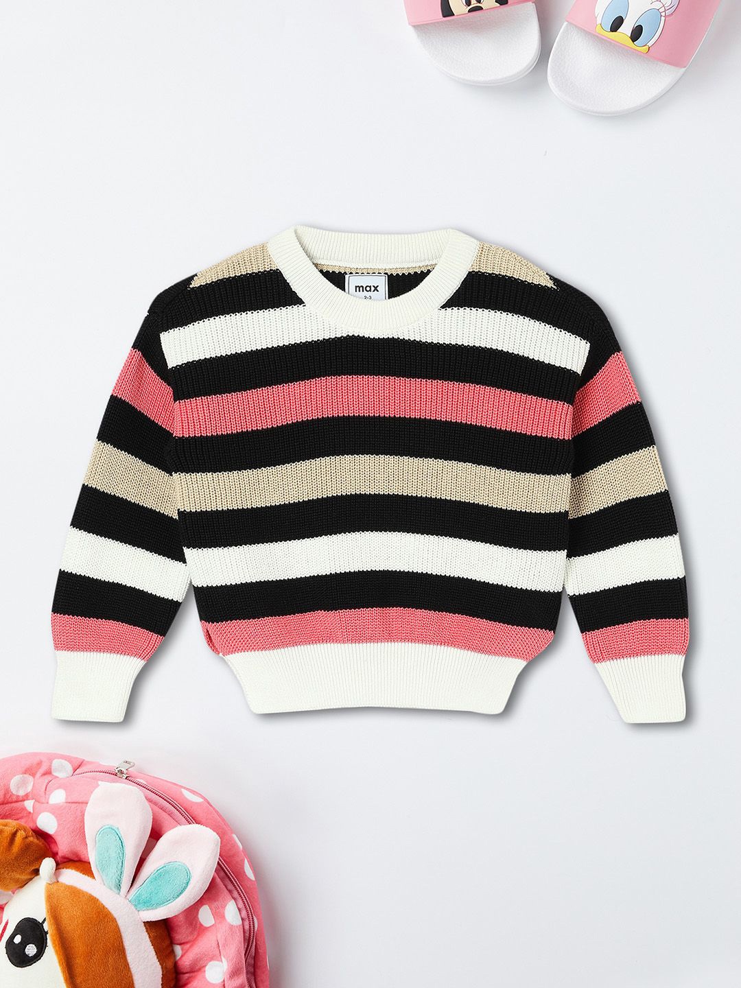 

max Girls Round Neck Striped Pullover, Black