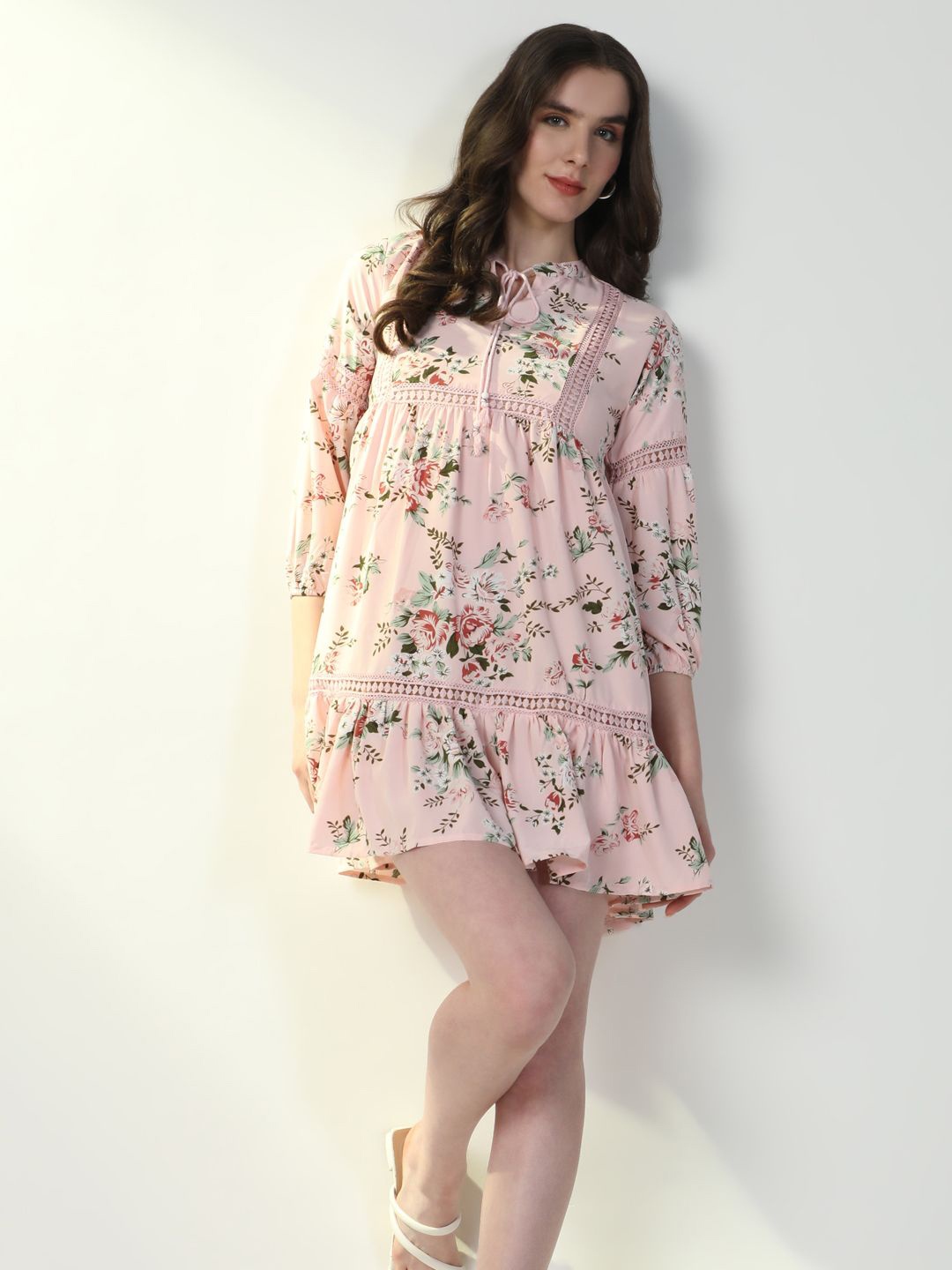 

SHOWOFF Women Floral Print Tie-Up Neck Puff Sleeve Crepe A- Line Mini Dress, Pink