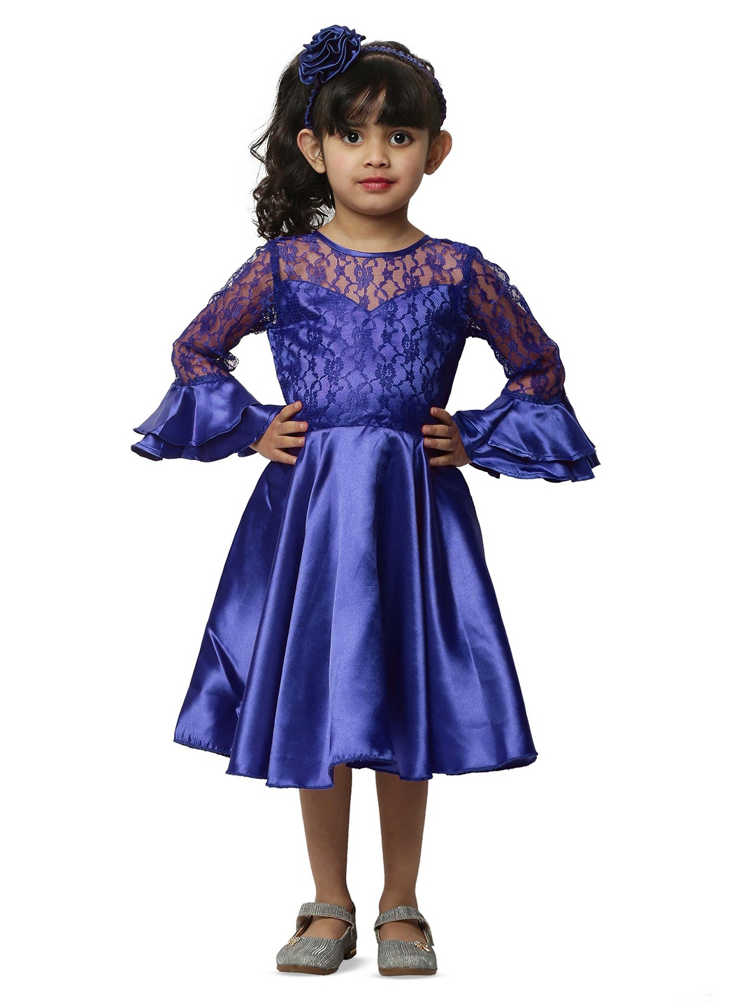 

Wish little Girls Self Design Satin A-Line Dress, Navy blue