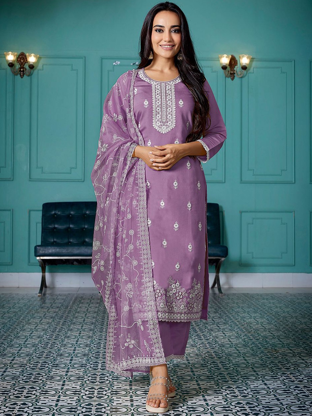 

Royal Export Ethnic Motifs Embroidered Thread Work Kurta with Trouser & Dupatta, Purple