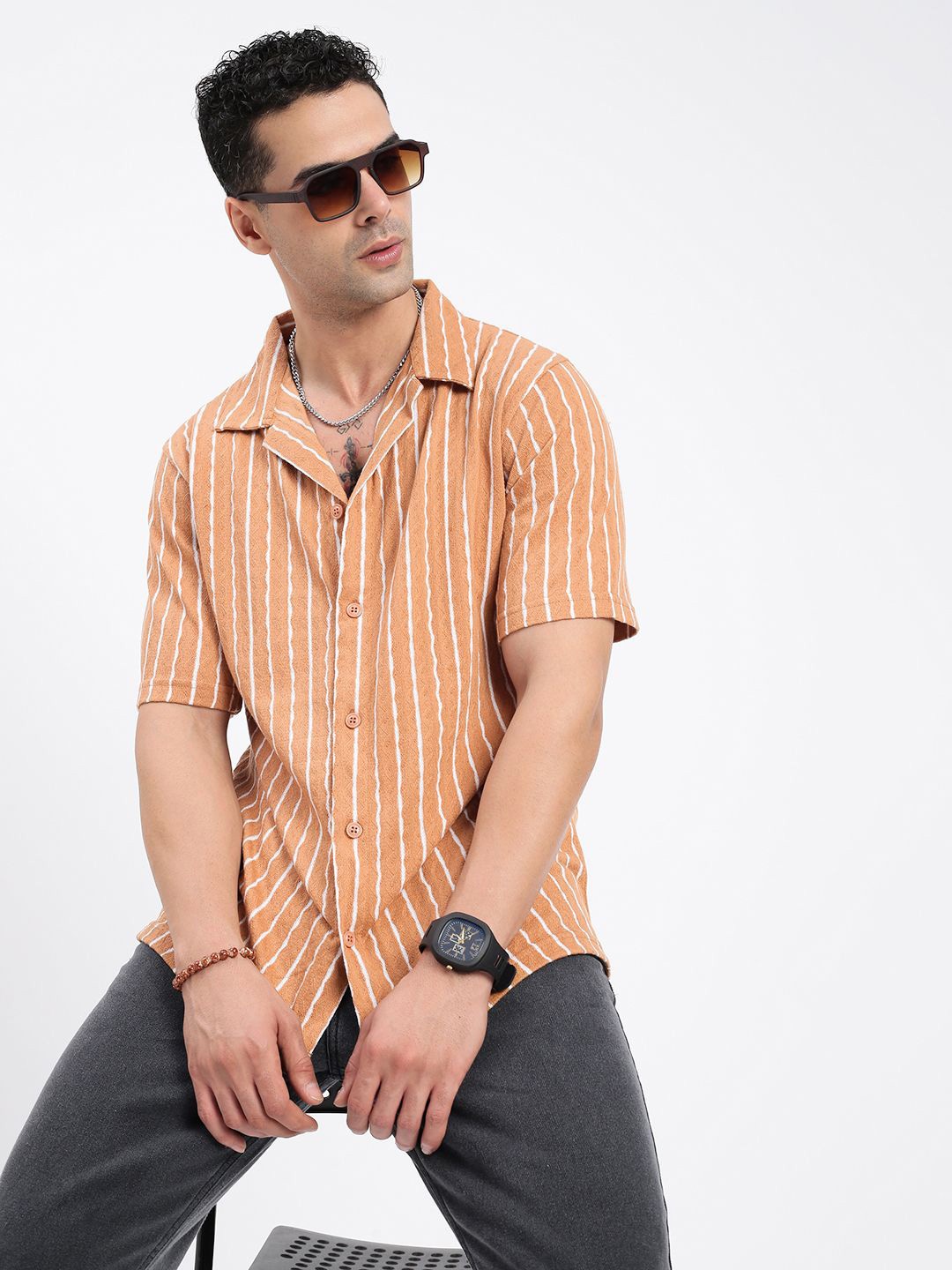 

SHOWOFF Men Standard Cuban Collar Vertical Striped Cotton Relaxed Fit Casual Shirt, Orange