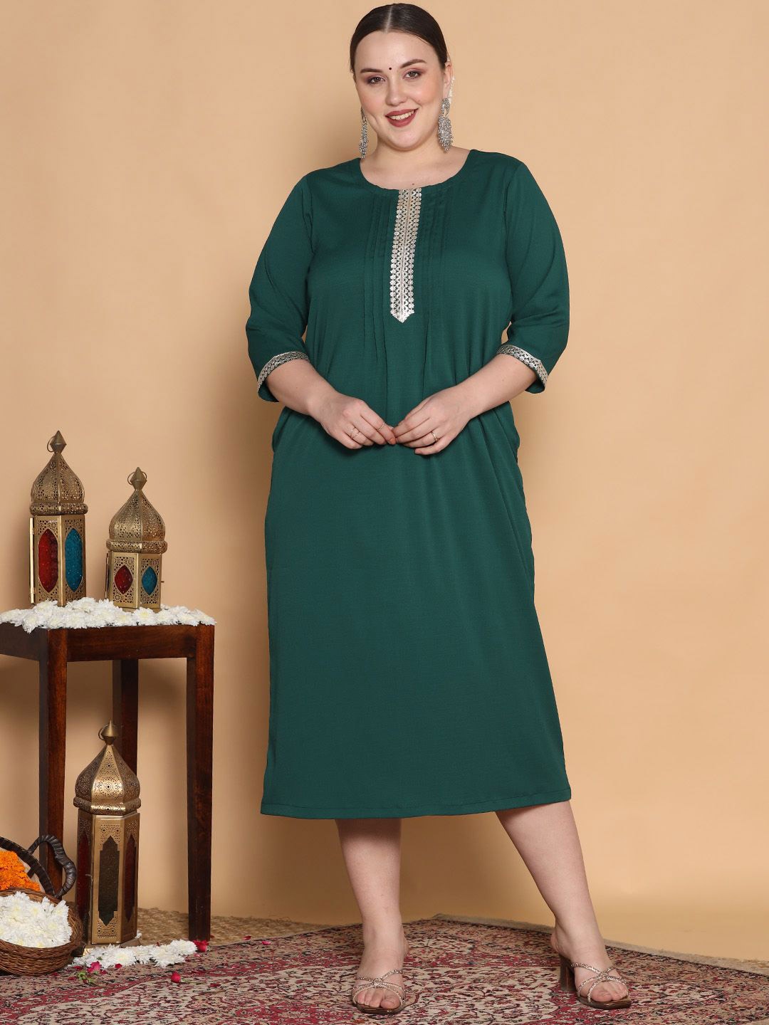 

LetsDressUp Women Plus Size Embellished Crepe A-Line Midi Dress, Green