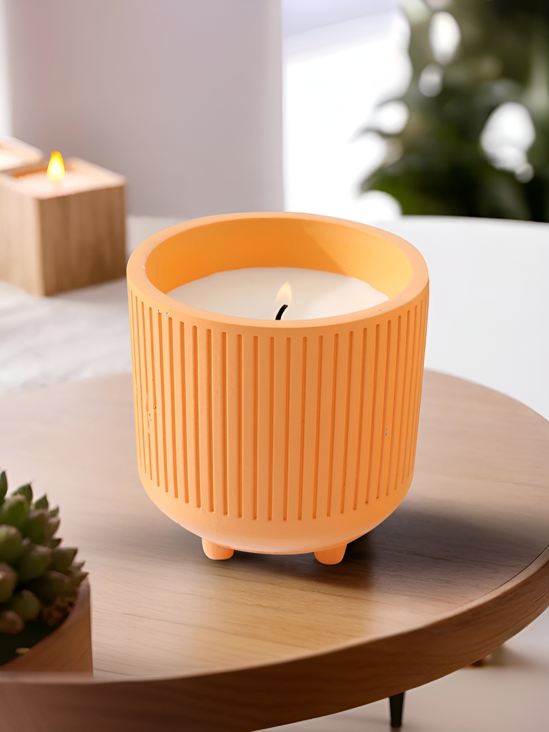 

UMAI Orange Coloured Reusable Cement Jar Woods Aroma Scented Candle