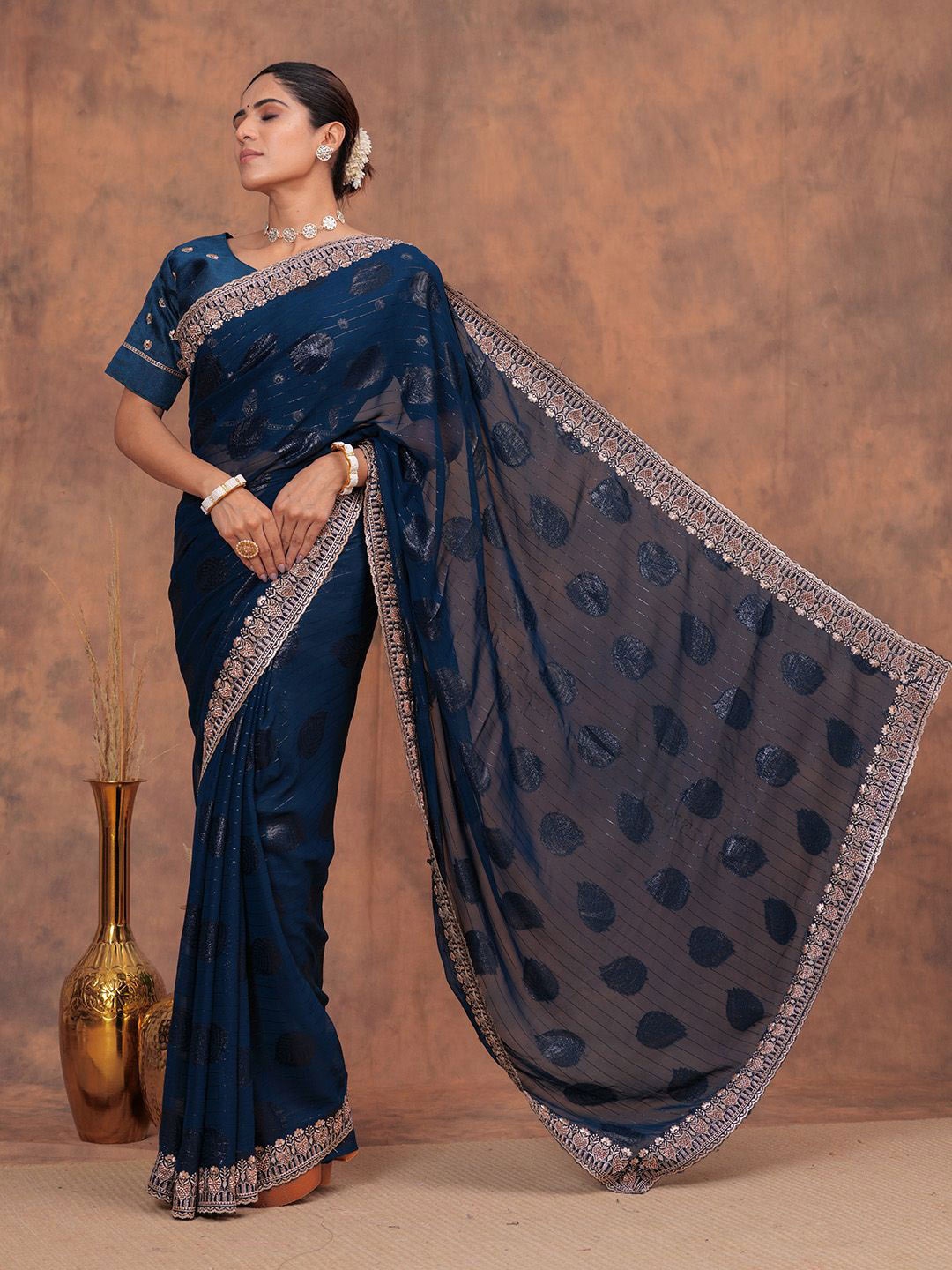

HEARTLOOM Floral Embroidered Silk Cotton Saree, Blue