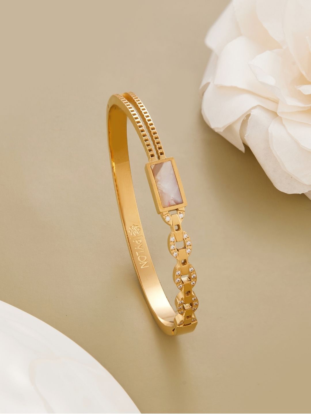 

PYLON Stainless Steel American Diamond Kada Bracelet, Gold