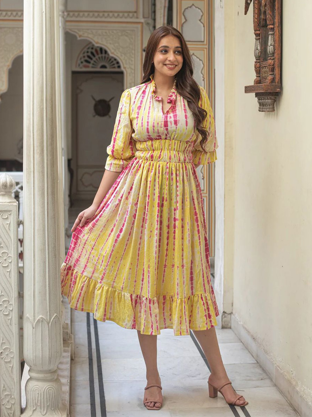 

SUKITI Women Floral Printed Fit & Flare Three-Quarter Sleeves Midi Dress, Yellow