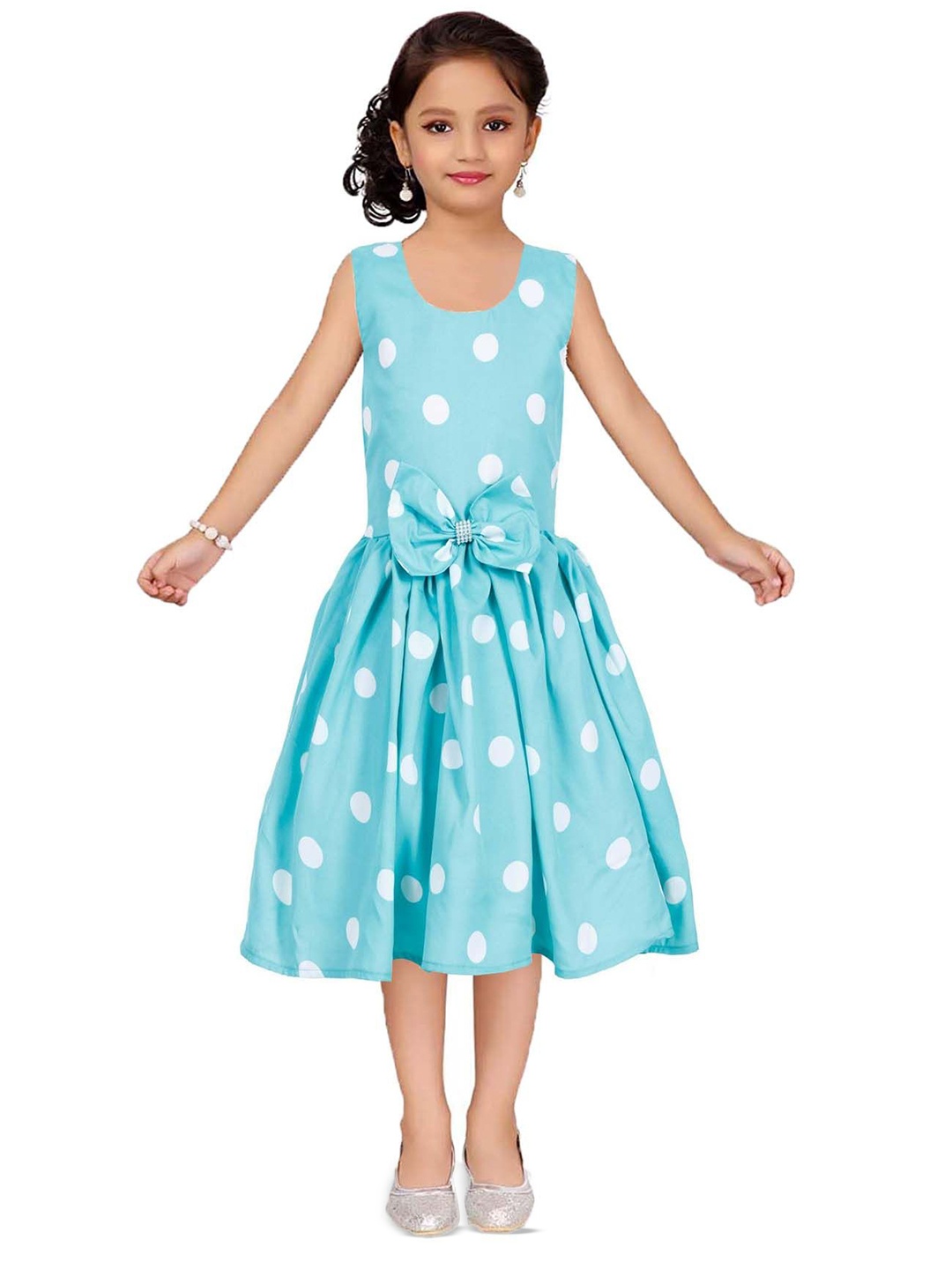 

Wish little Girls Polka Dot Round Neck Bow Detailed Fit & Flared Dress, Turquoise blue