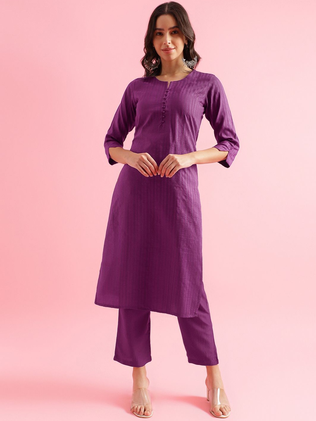 

KALINI Striped Notch Neck Regular Straight Kurta with Trousers, Violet