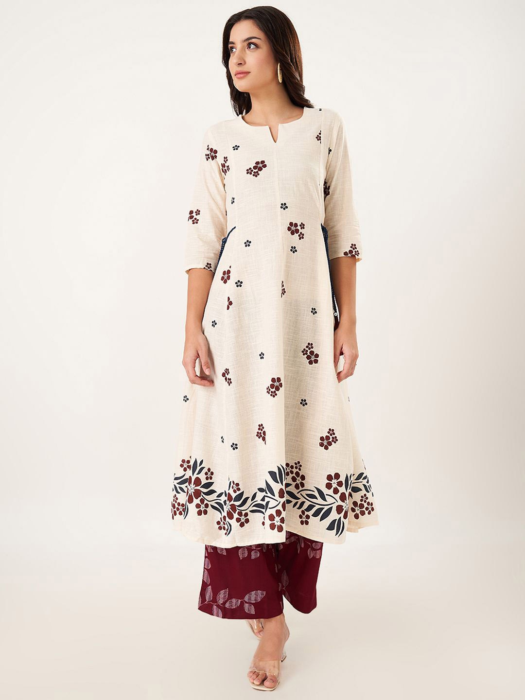 

RANGMANCH BY PANTALOONS Floral Printed Pure Cotton A-Line Kurta, Beige