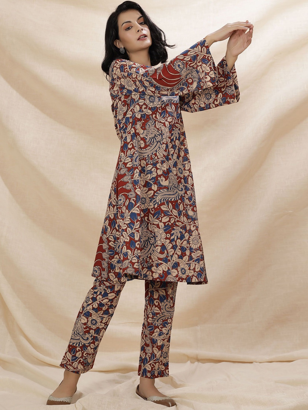 

TJORI Floral Printed Flared Sleeves Cotton A Line Kurta, Rust