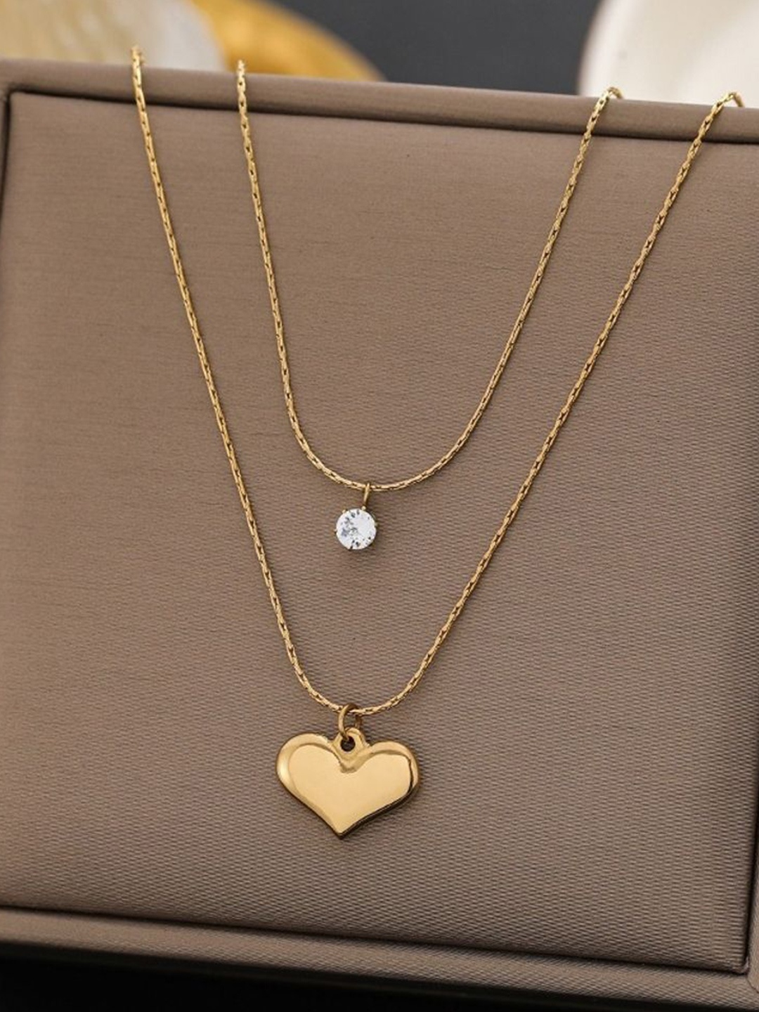 

MYKI Gold-Plated Stainless Steel Layered Heart and Crystal Statement Necklace