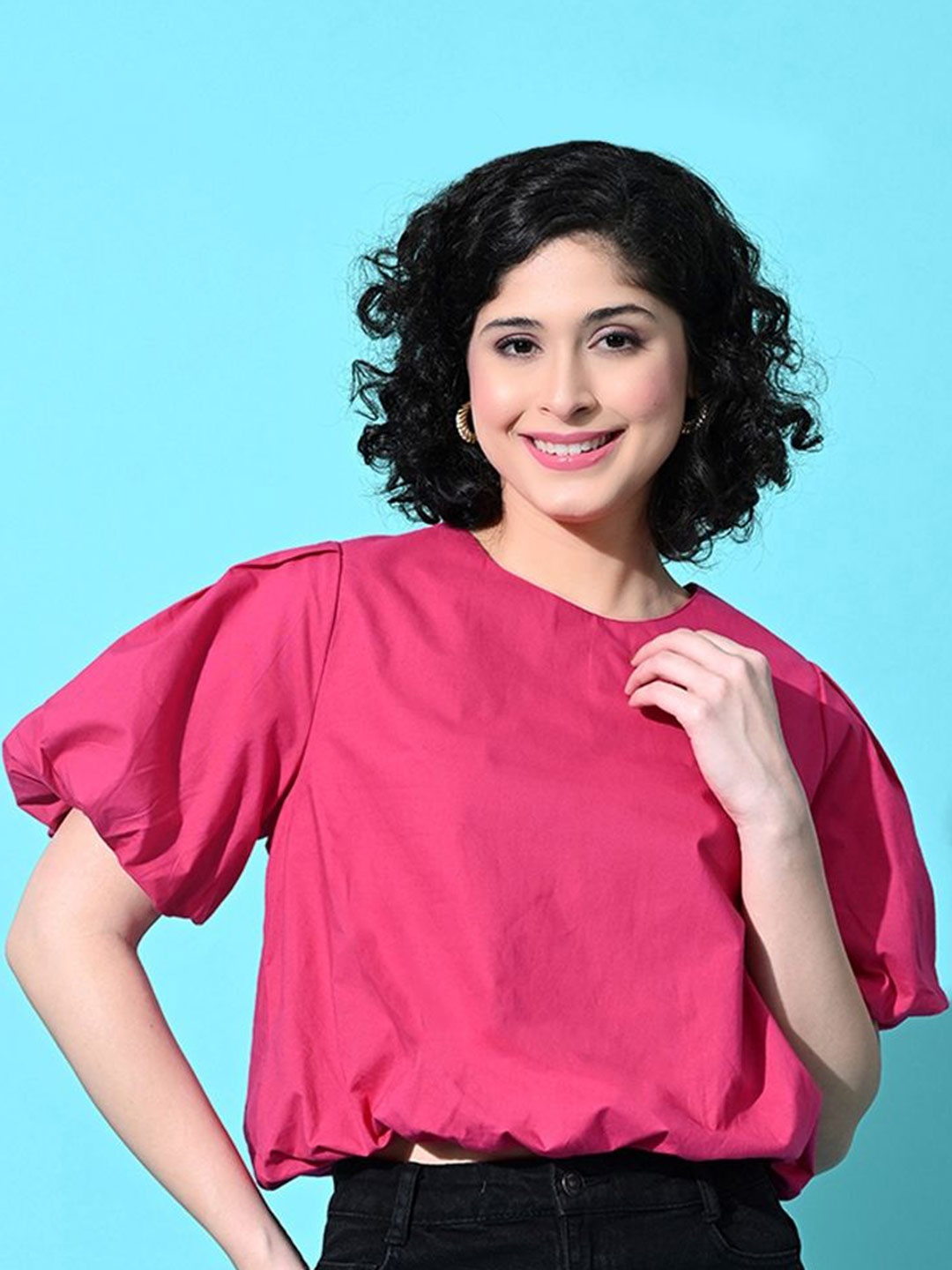 

PRETTY LOVING THING Women Puff Sleeve Cotton Blouson Top, Fuchsia