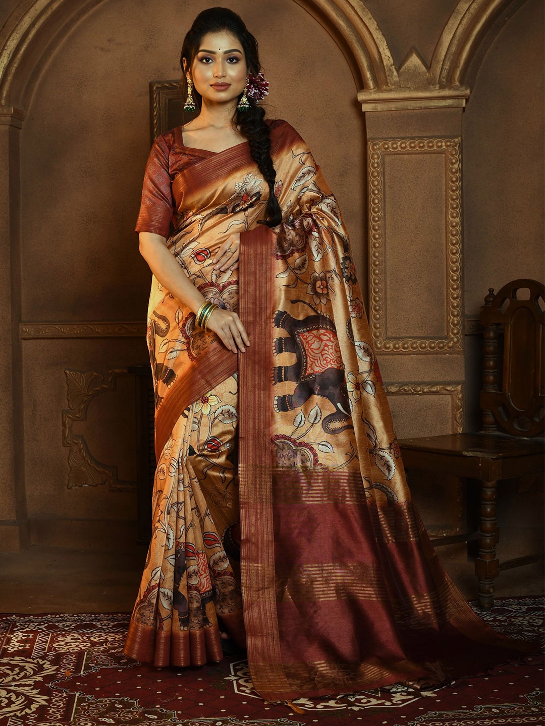 

Jinal & Jinal Woven Design Zari Pure Silk Tussar Saree, Orange