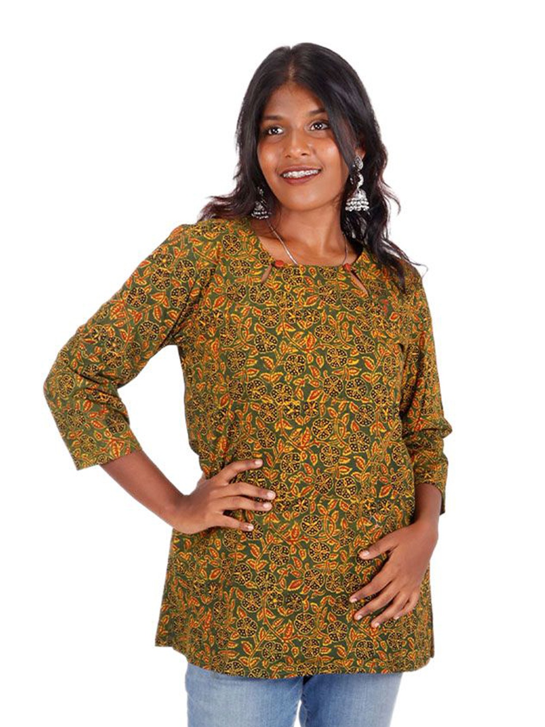 

Avishya Ethnic Motifs Printed Pure Cotton Kurti, Green