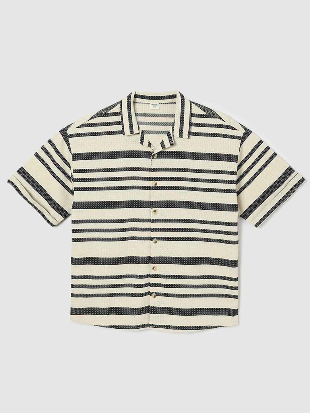 

max Boys Cuban Collar Horizontal Striped Cotton Casual Shirt, Off white