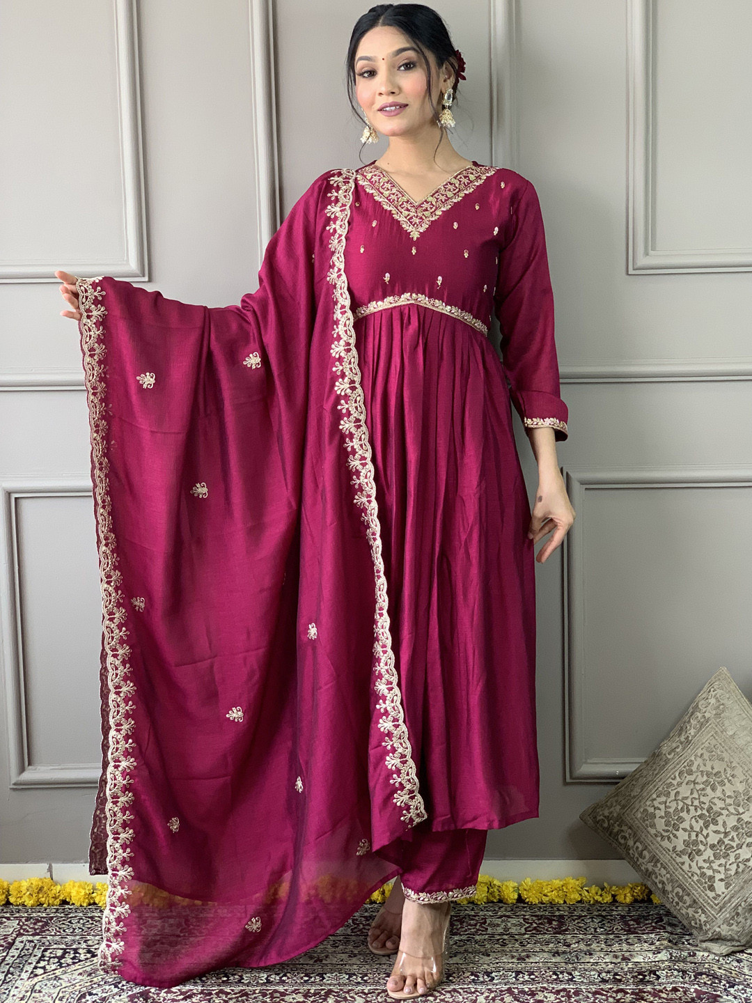 

KALINI Floral Embroidered Kurta With Trousers & Dupatta, Purple